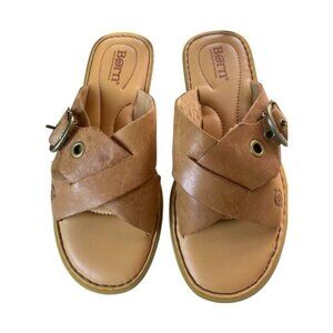 Born Light Brown Leather Buckle Slides